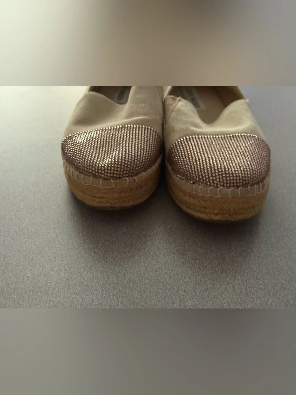 Steve Madden Beige Suede Espadrille Slip-On with Gold Embellished Toe 6.5